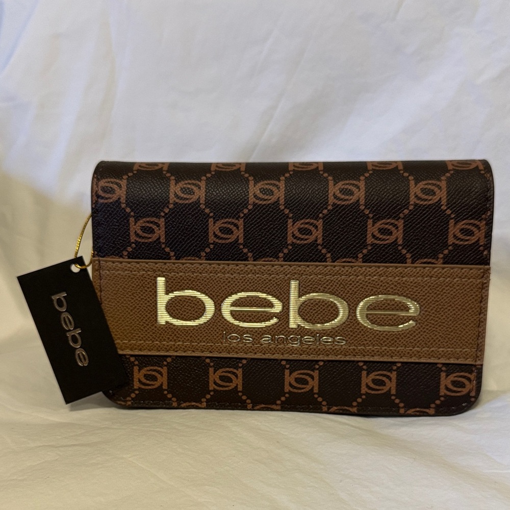 bebe Logo Pattern Crossbody Bag in Brown and Gold